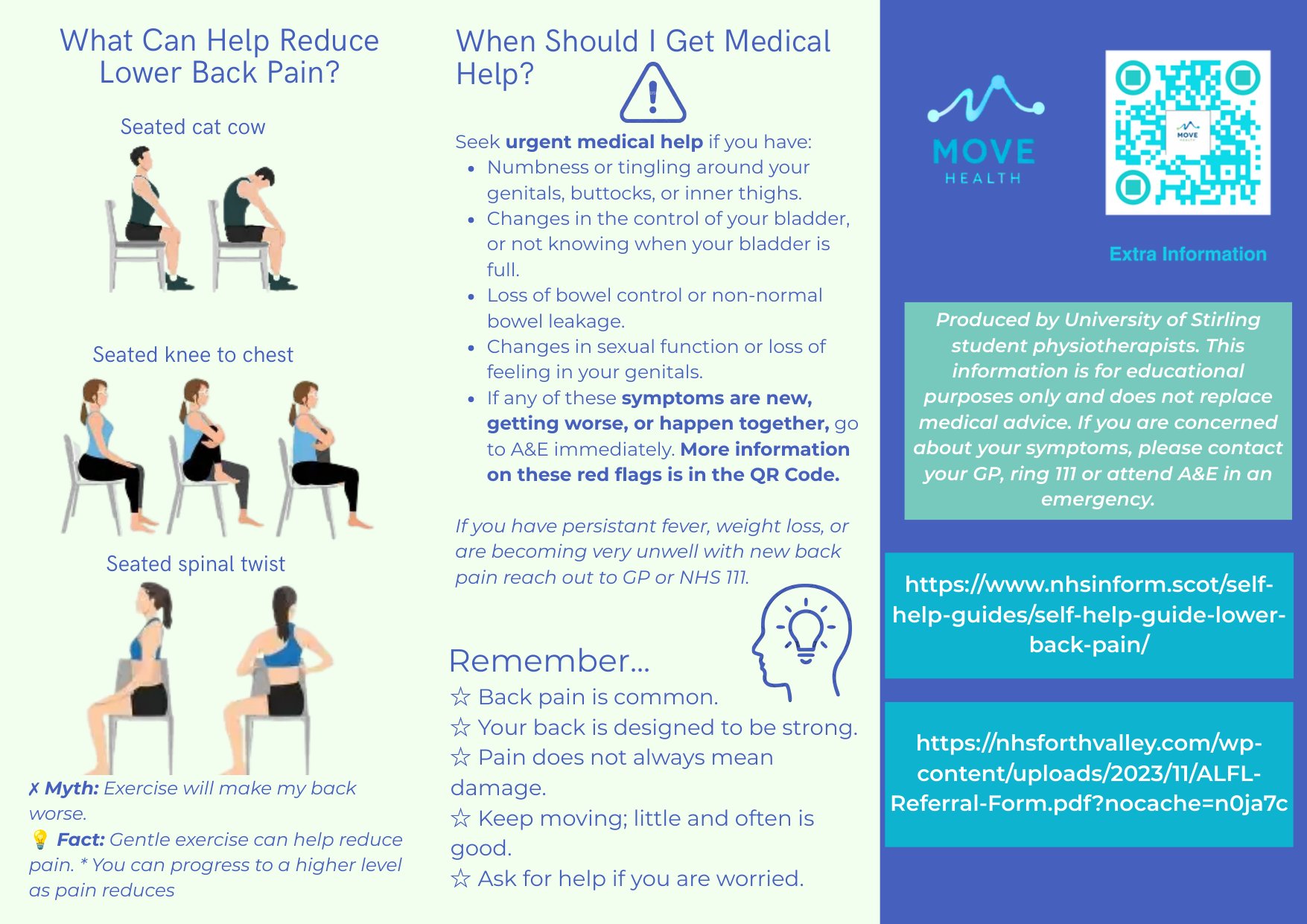 Page two of the leaflet, showing three seated exercises, when to get medical help, and a QR code for more information.