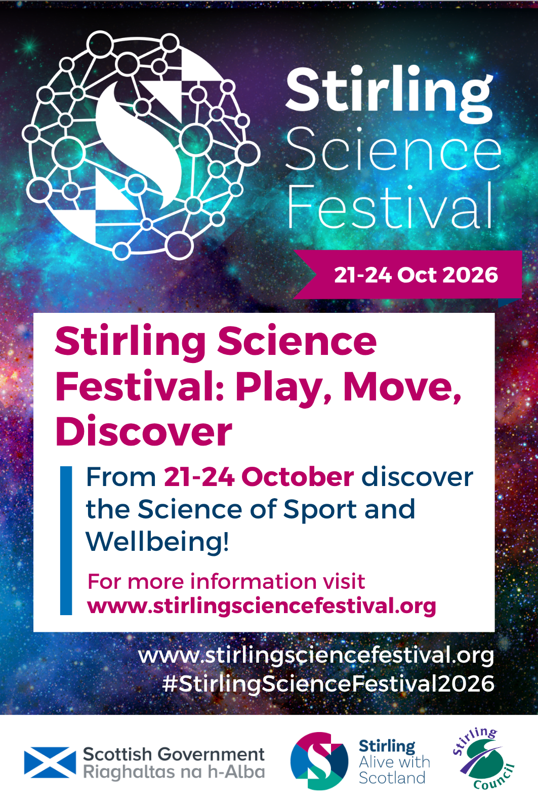 Stirling Science Festival poster: Play, Move, Discover, 21 to 24 October 2026