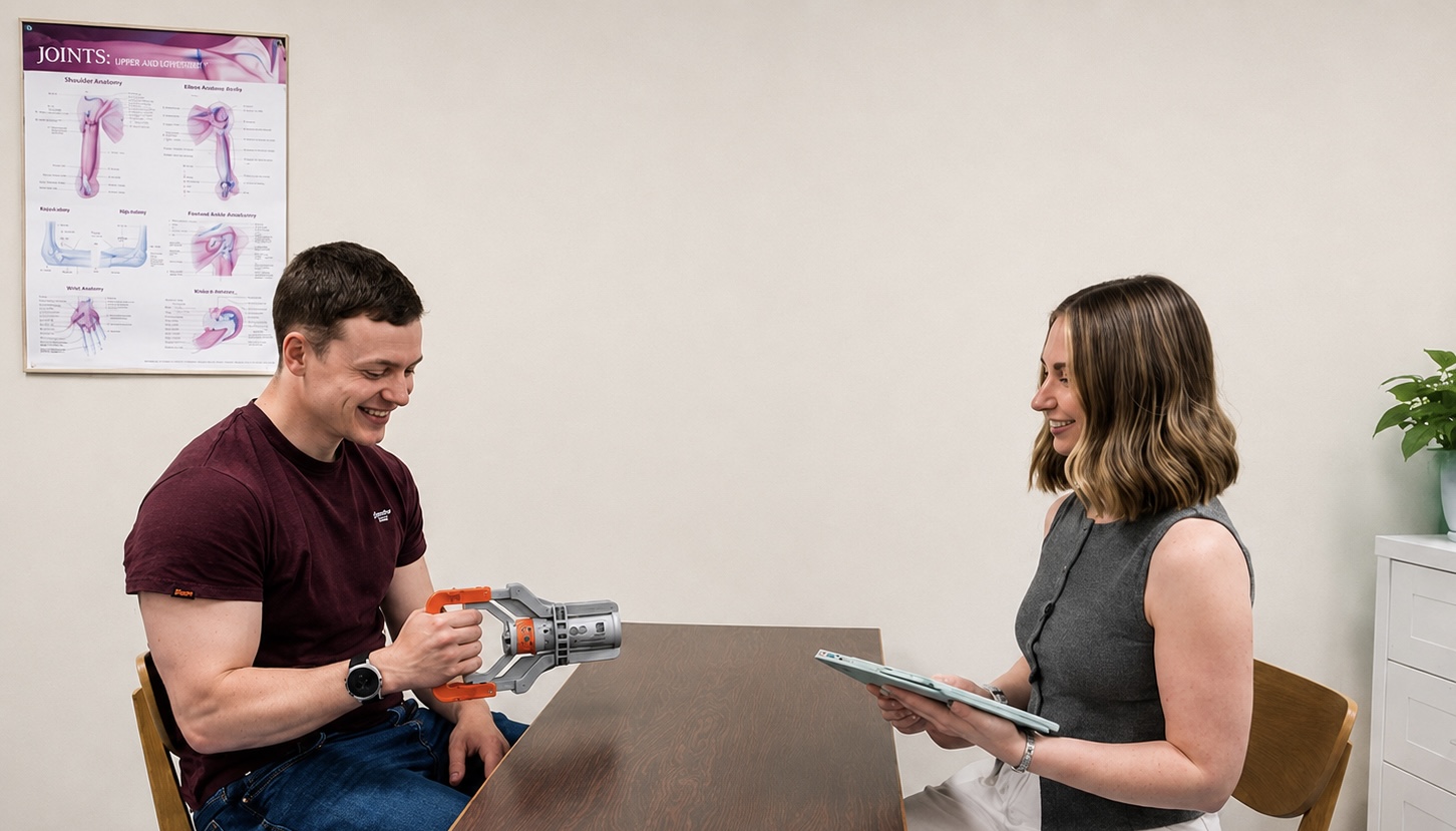 Illustration of a person squeezing a handheld grip strength device while a student with a tablet looks on